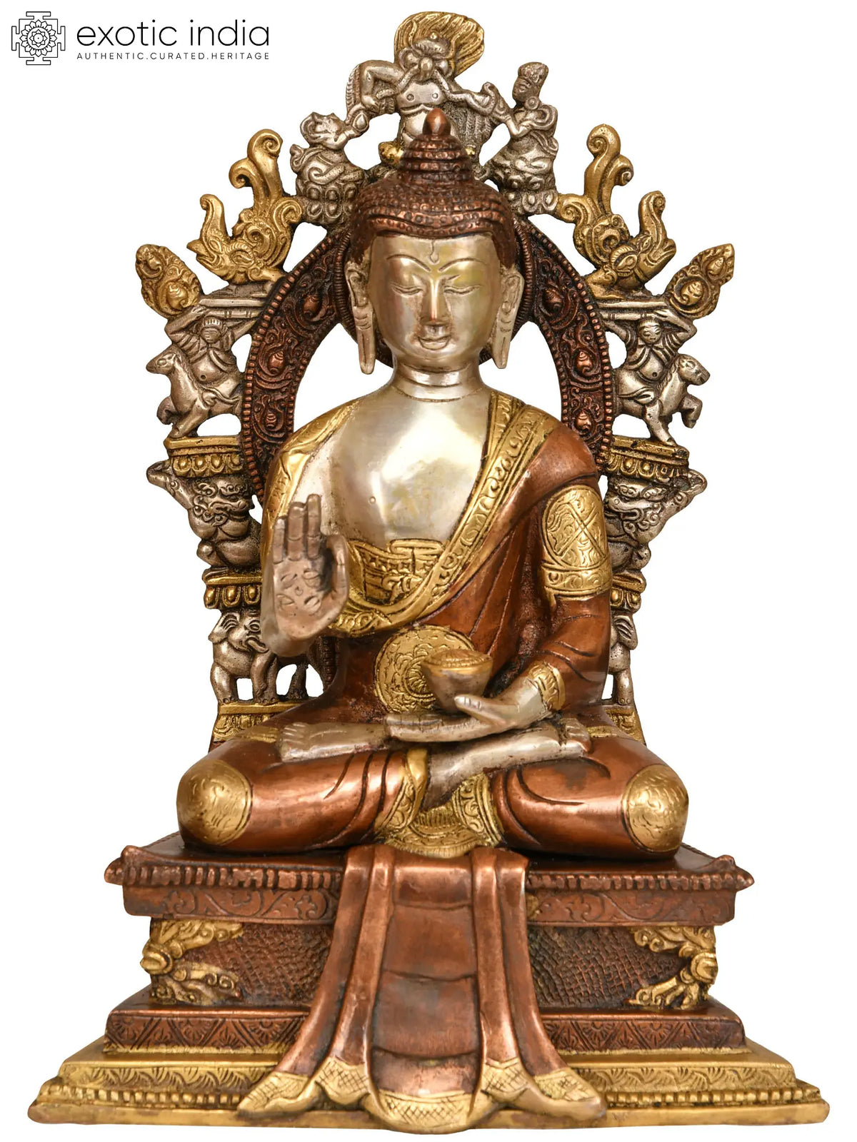 11" Lord Buddha Seated on Six-Ornament Throne of Enlightenment In Brass | Handmade | Made In India