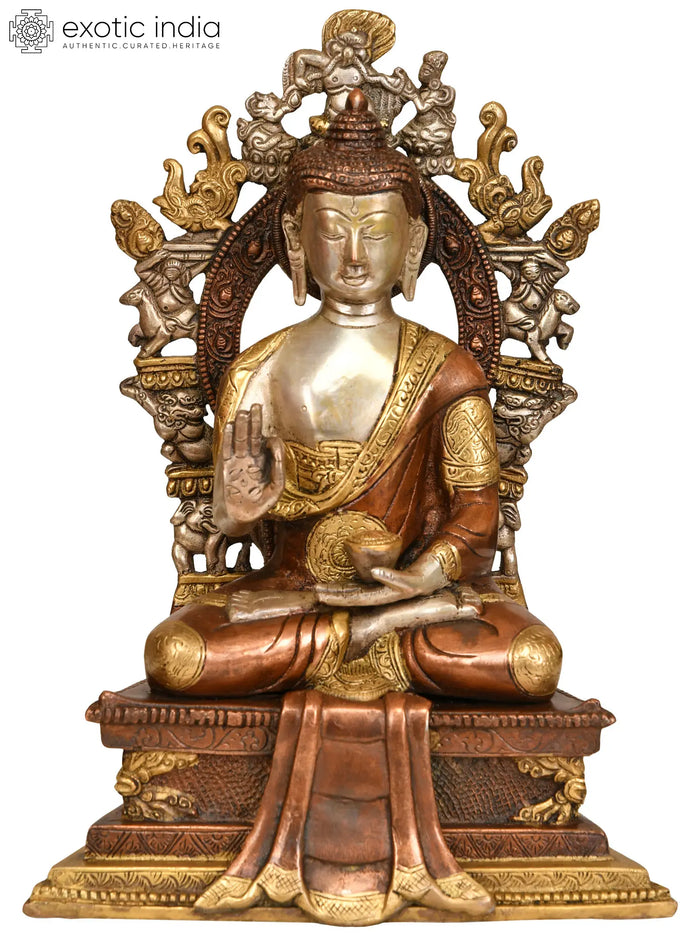 11" Lord Buddha Seated on Six-Ornament Throne of Enlightenment In Brass | Handmade | Made In India