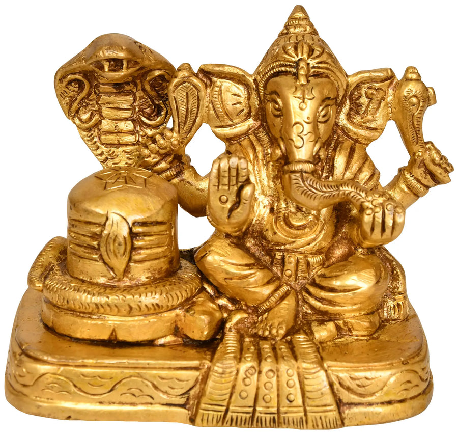 2" Lord Ganesha with Shiva Linga Handmade Brass Statue