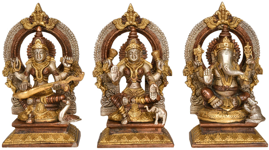 7" Lakshmi Ganesha Saraswati Brass Statue Set Handmade