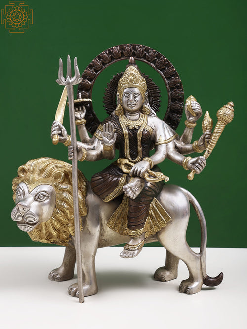 12" Ashtabhuja Durga Brass Idol on Lion Mount for Pooja