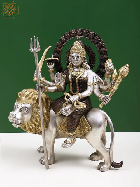 12" Ashtabhuja-dhari Durga Idol on Her Mount Lion in Brass