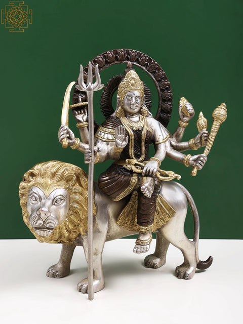 12" Ashtabhuja-dhari Durga Idol on Her Mount Lion in Brass