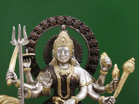 12" Ashtabhuja-dhari Durga Idol on Her Mount Lion in Brass