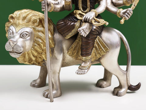 12" Ashtabhuja-dhari Durga Idol on Her Mount Lion in Brass