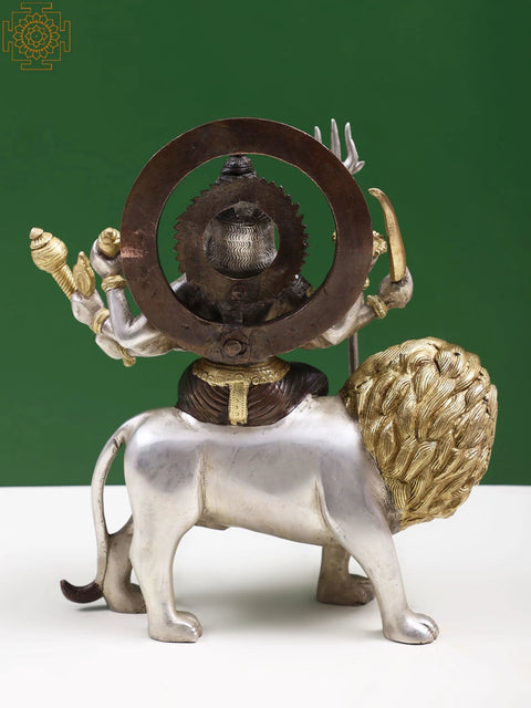 12" Ashtabhuja-dhari Durga Idol on Her Mount Lion in Brass
