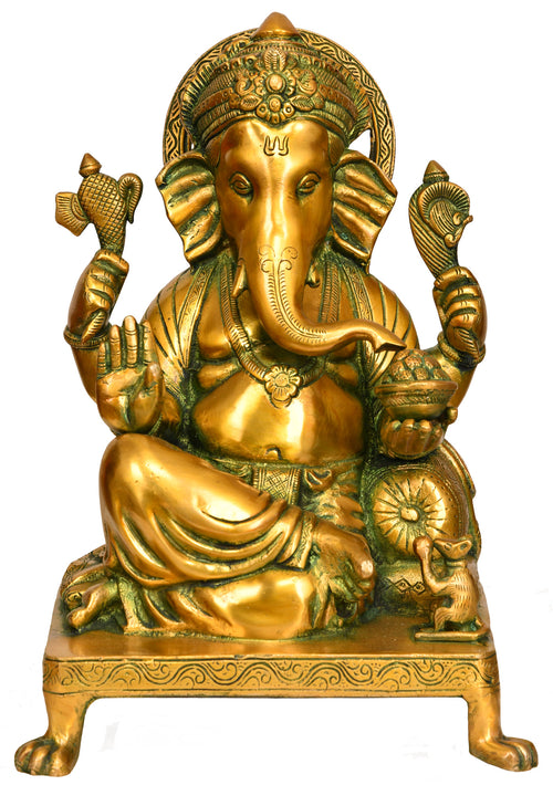 12" Lord Ganesha Seated Brass Idol for Home Pooja