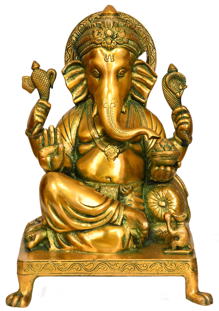 12" Lord Ganesha Seated Brass Idol for Home Pooja