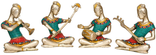 6" Set of Four Musician Ladies Brass Statue Handmade