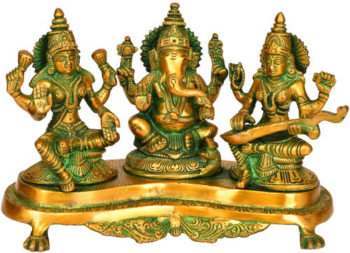 9" Lakshmi Ganesha Saraswati Brass Statue Set for Pooja