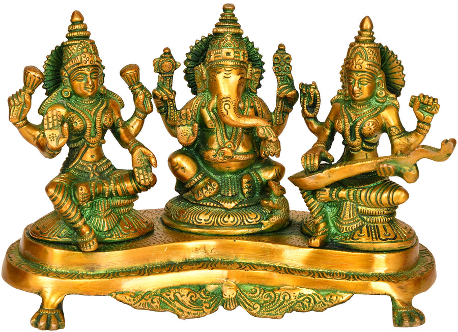 9" Lakshmi Ganesha Saraswati Brass Statue Set for Pooja