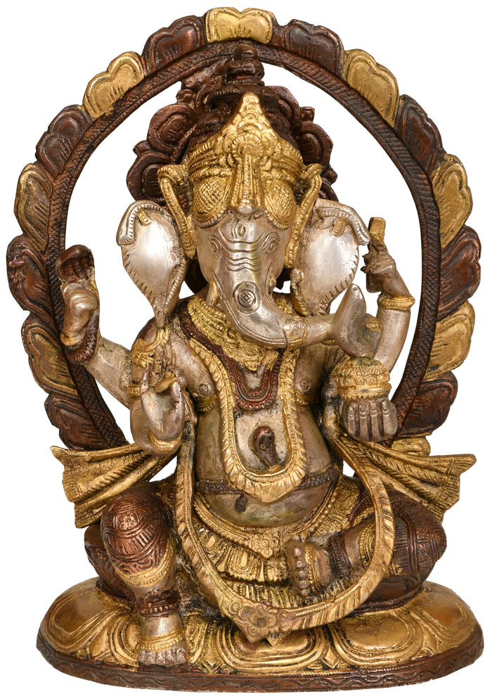 9" Handmade Enthroned Ganesha Brass Idol for Pooja