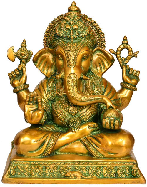 12" Lord Ganesha Handmade Brass Sculpture for Pooja