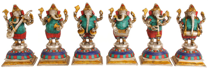 7" Handmade Musician Ganesha Brass Idol Set of Six
