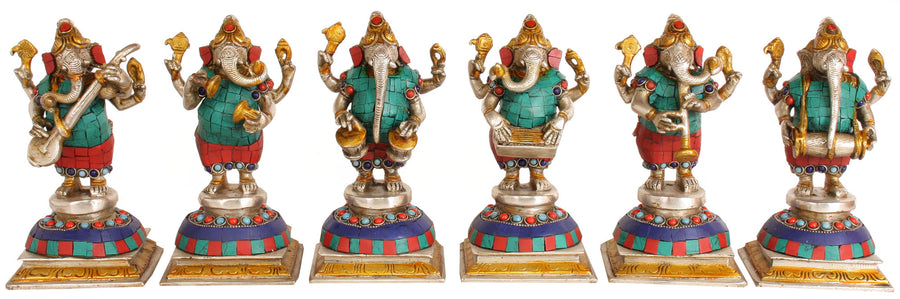 7" Handmade Musician Ganesha Brass Idol Set of Six