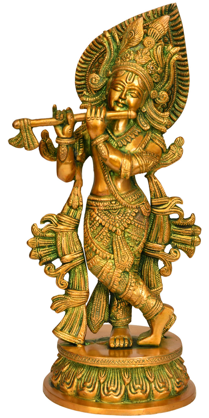 13" Lord Krishna Playing Flute Brass Handmade Statue