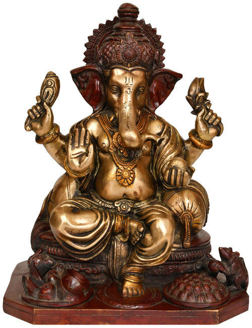 11" Handmade Lord Ganesha Brass Statue in Ashirwad Mudra