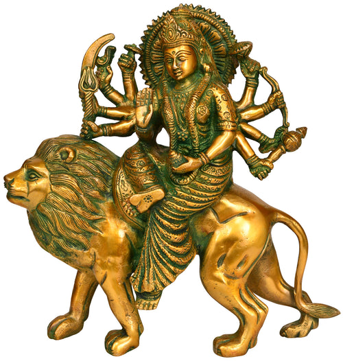 16" Goddess Durga on Lion Mount Handmade Brass Statue