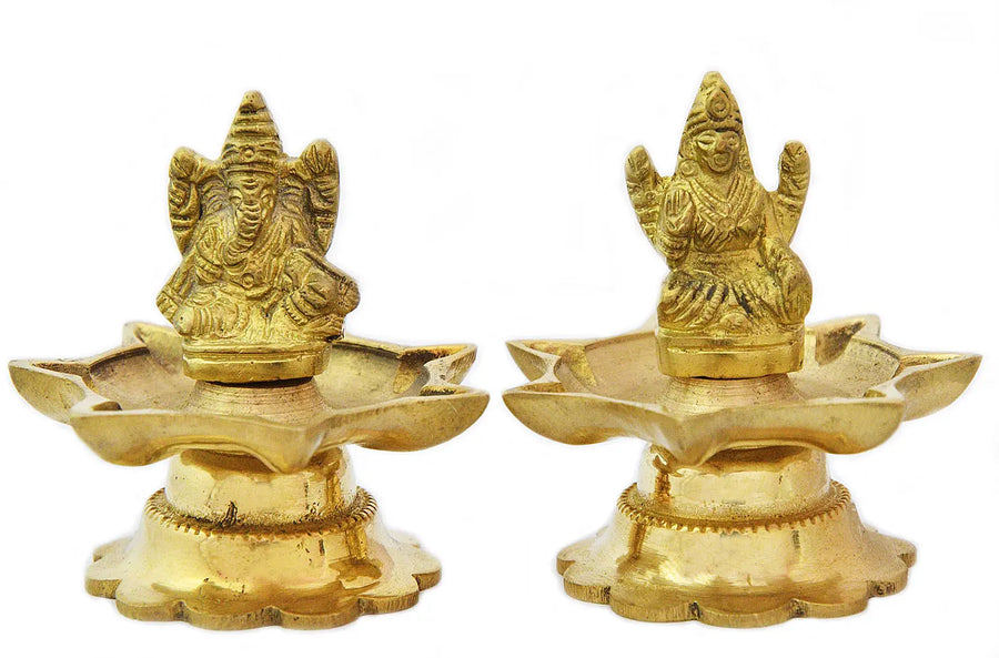 3" Ganesha Lakshmi Brass Lamp Pair Handmade Idol