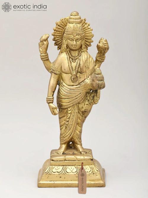 8" Brass Dhanvantari Idol for Pooja - Handmade Hindu Deity Statue