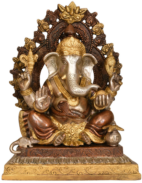 11" Handmade Lord Ganesha on Throne with Prabhavali Brass Statue
