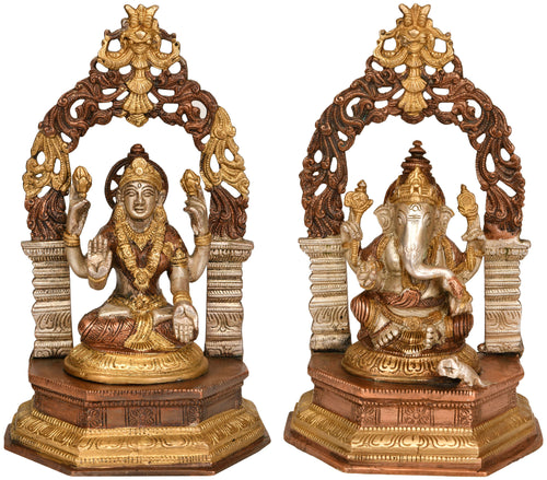 9" Brass Ganesha and Lakshmi Statue Set Handmade