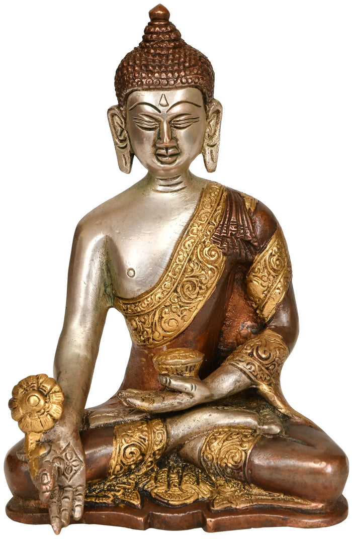 7" Tibetan Buddhist Deity Medicine Buddha Idol in Brass | Handmade | Made in India