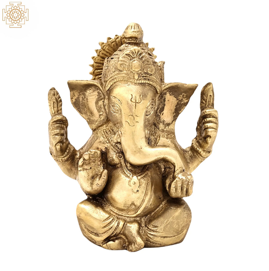 4" Brass Lord Ganesha Idol Eating Modak Handmade