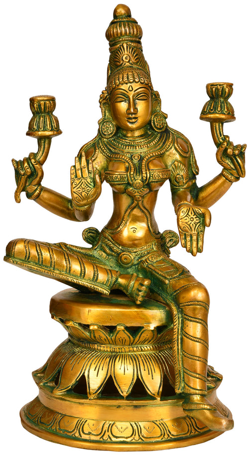 12" Goddess Lakshmi Seated on Lotus Brass Statue Handmade