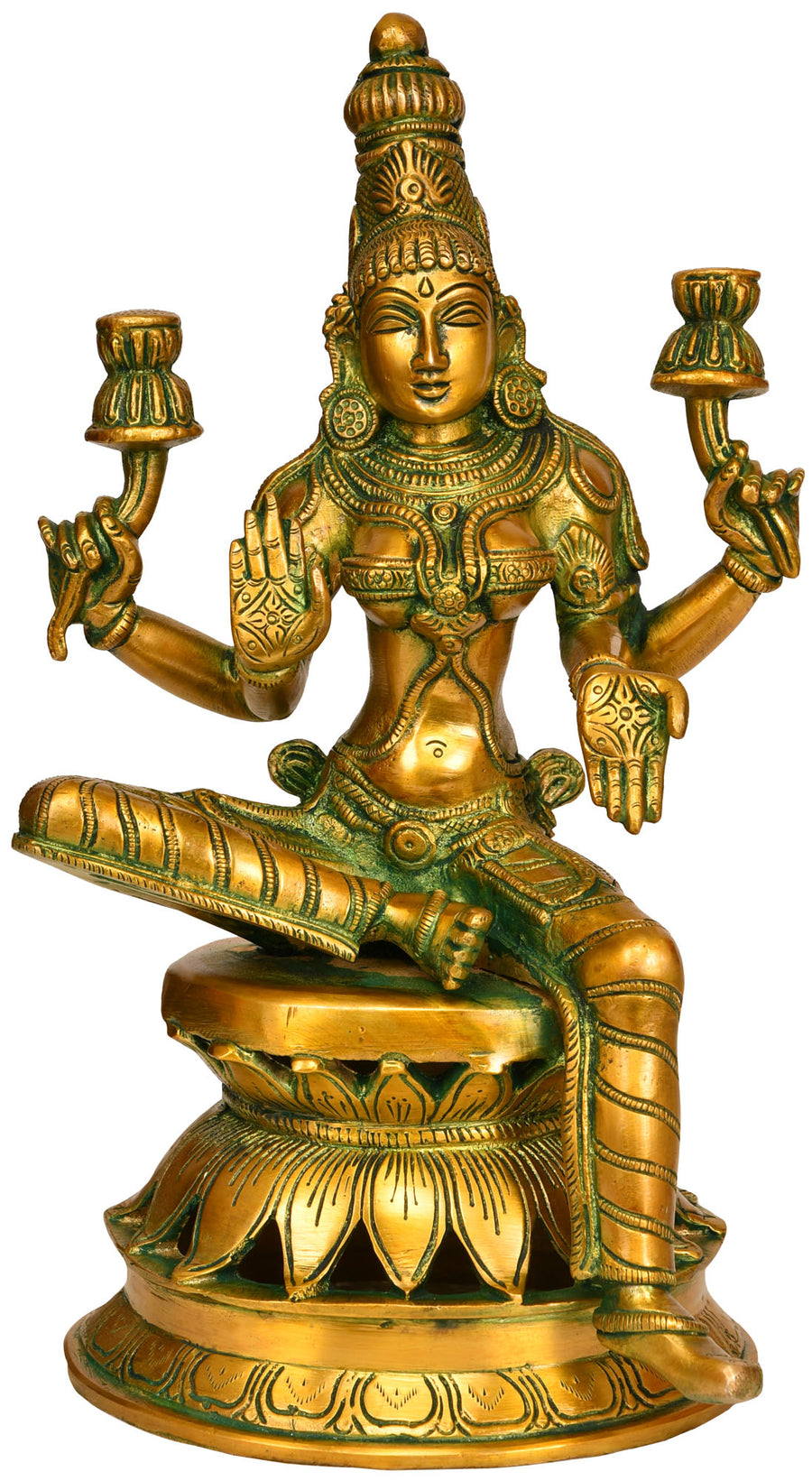 12" Goddess Lakshmi Seated on Lotus Brass Statue Handmade