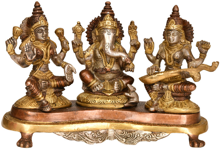 6" Lakshmi Ganesha Saraswati Brass Statue Handmade