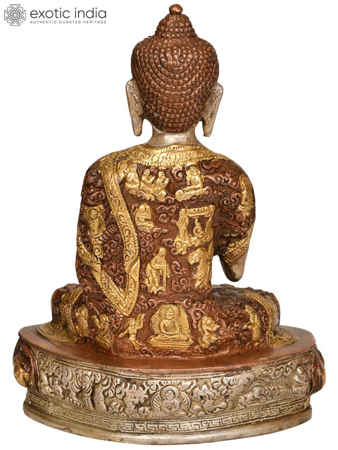 9" Tibetan Buddhist Lord Buddha in Vitark Mudra -Robe Decorated with Life Scenes In Brass | Handmade | Made In India