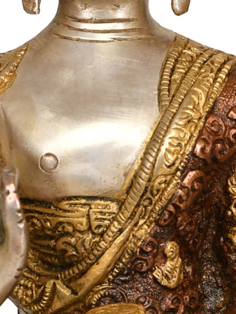 9" Tibetan Buddhist Lord Buddha in Vitark Mudra -Robe Decorated with Life Scenes In Brass | Handmade | Made In India