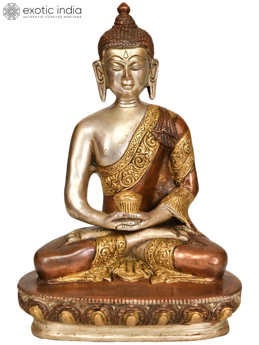 8" Meditating Buddha with Pindapatra Brass Statue Handmade