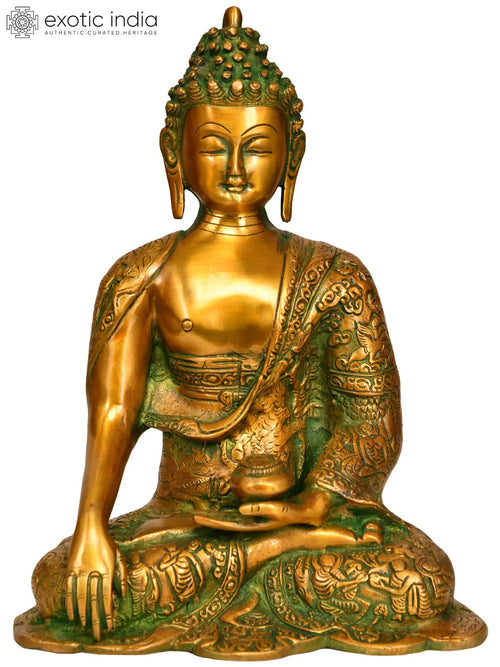 10" Handmade Brass Buddha Statue in Bhumisparsha Mudra with Carved Robe Scenes