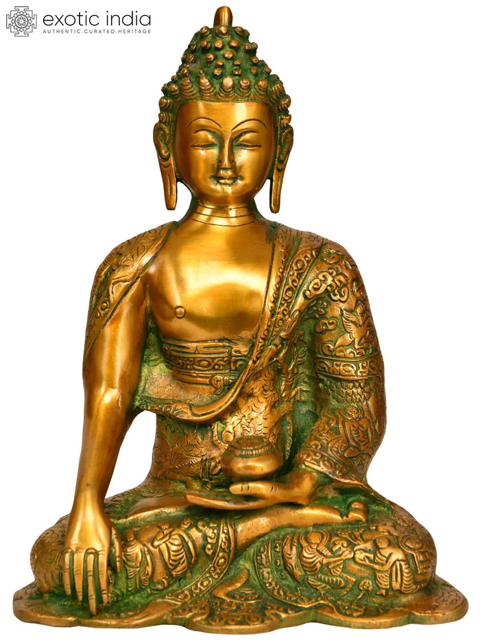 10" Handmade Brass Buddha Statue in Bhumisparsha Mudra with Carved Robe Scenes
