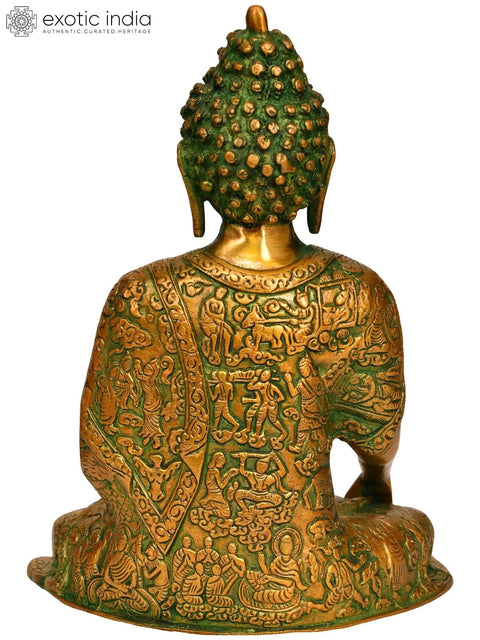 10" Buddhist Lord Buddha in Bhumisparsha Mudra with Life Scenes Carved on Robe | Handmade Brass Statue