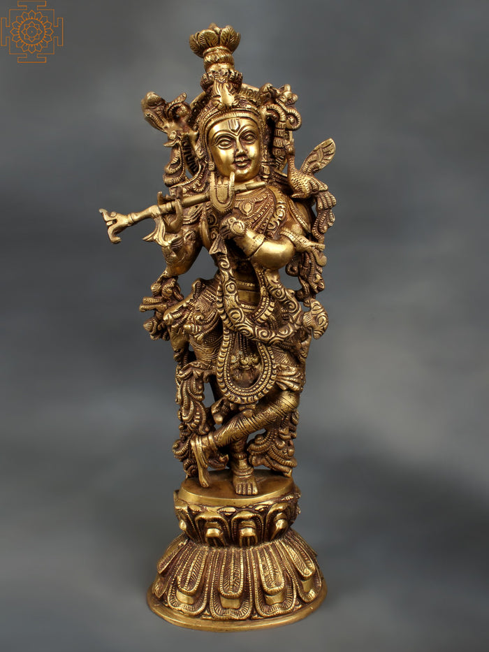 18" Brass Lord Krishna Handmade Statue Playing Flute