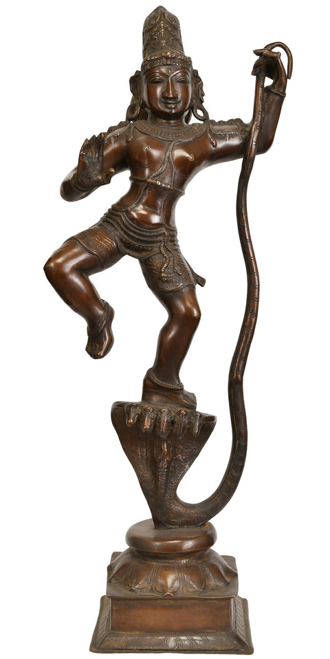 29" Large Lord Krishna Subduing Kaliya in Brass | Handmade | Made in India