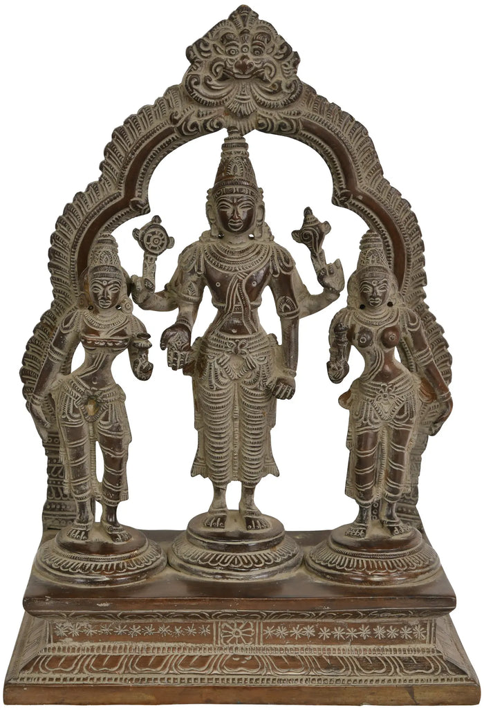 10" Lord Vishnu with Shridevi and Bhudevi In Brass | Handmade | Made In India