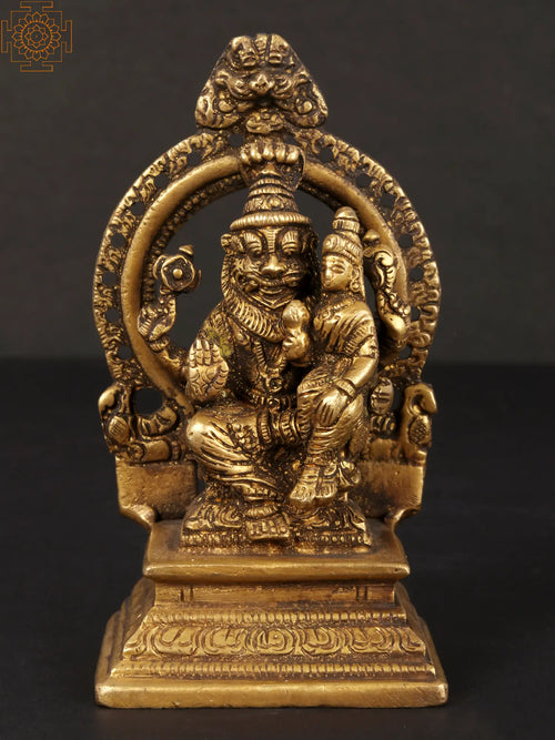 4" Handmade Brass Lord Narasimha and Goddess Lakshmi Idol