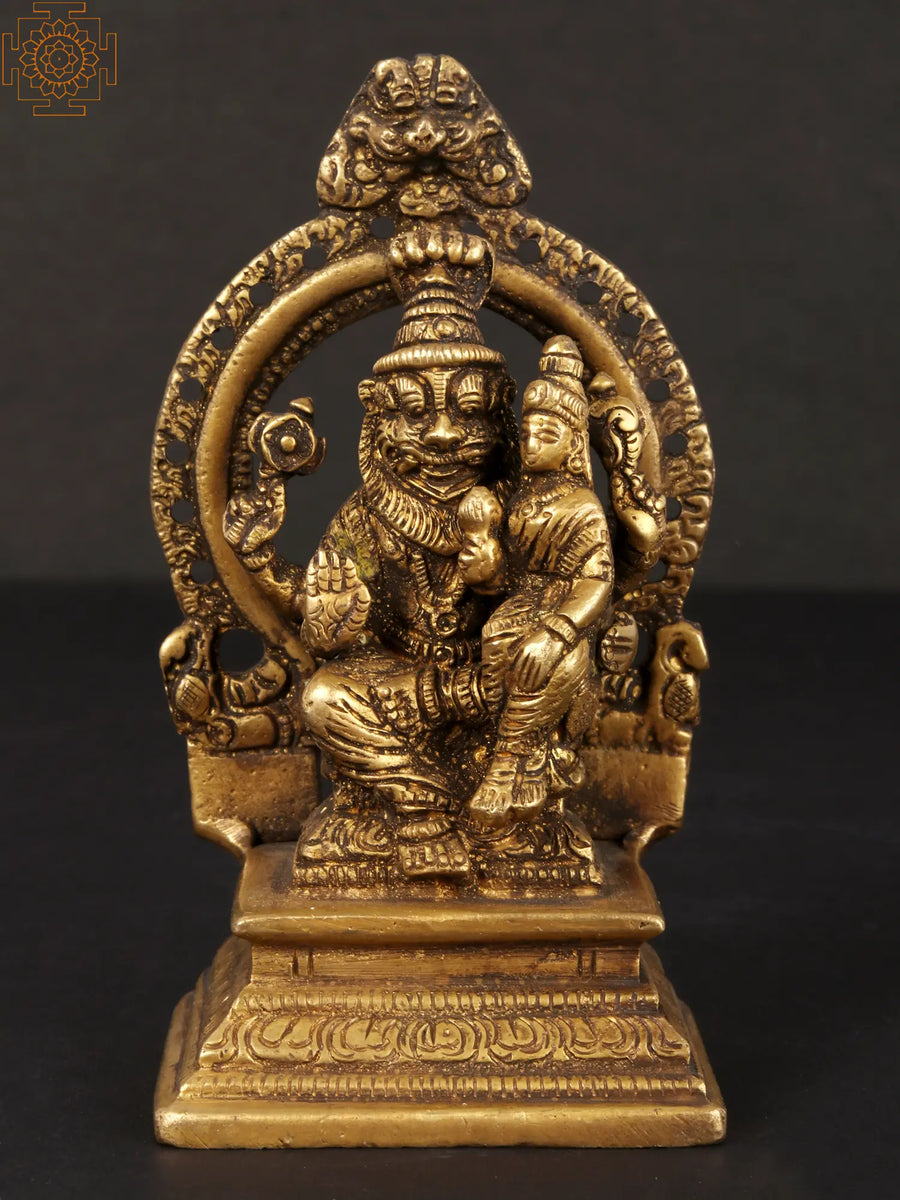 4" Handmade Brass Lord Narasimha and Goddess Lakshmi Idol