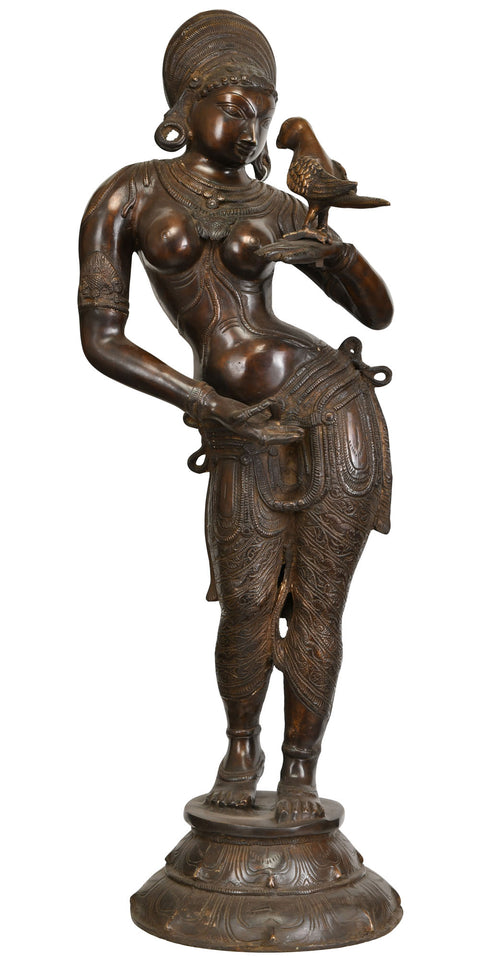 38" Large Apsara Idol with Parrot | Handmade Brass Figurine