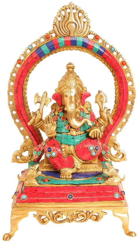 12" Lord Ganesha Seated on Throne with Aureole In Brass | Handmade | Made In India