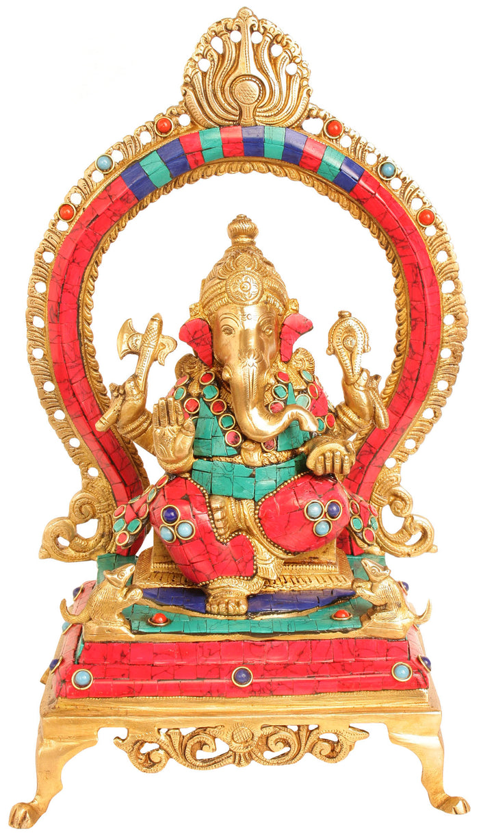 12" Lord Ganesha Seated on Throne Brass Statue with Aureole