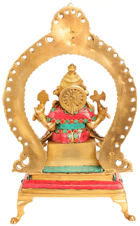 12" Lord Ganesha Seated on Throne with Aureole In Brass | Handmade | Made In India