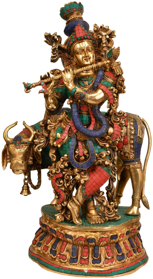 28" Large Fluting Krishna with Cow Brass Statue Handmade