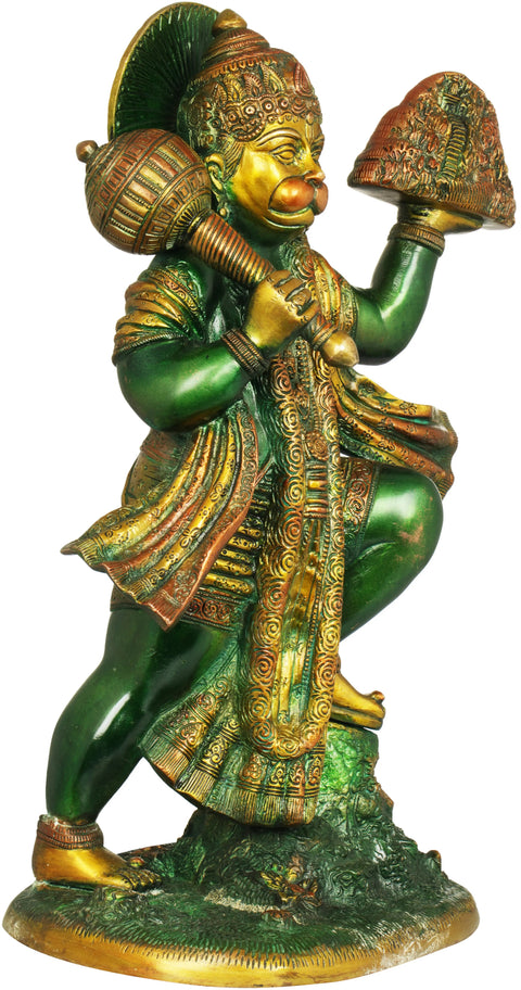 15" Brass Sculpture of Lord Hanuman Carrying Sacred Sanjeevani Mountain