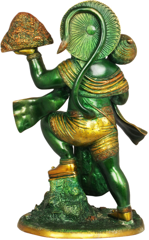15" Brass Sculpture of Lord Hanuman Carrying Sacred Sanjeevani Mountain
