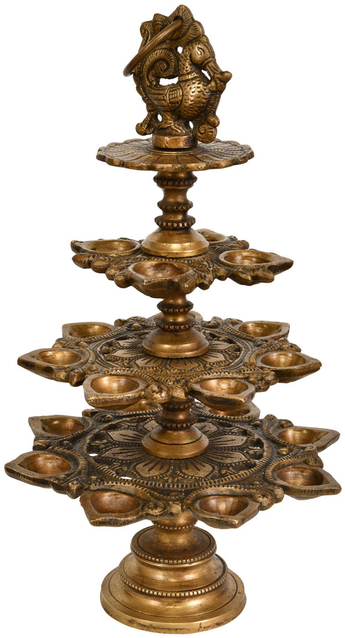 14" Handmade Brass Mayura Lamp with Nineteen Wicks